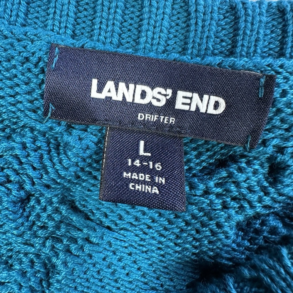 Lands' End Women's Size L 14/16 Drifter Sweater Turquoise Cable Knit 100% Cotton - Picture 2 of 8